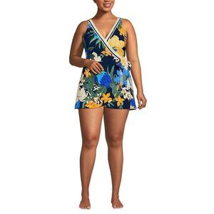 Land's End Slender Suit Wrap Dress soft tie navy floral Blooms border size Var